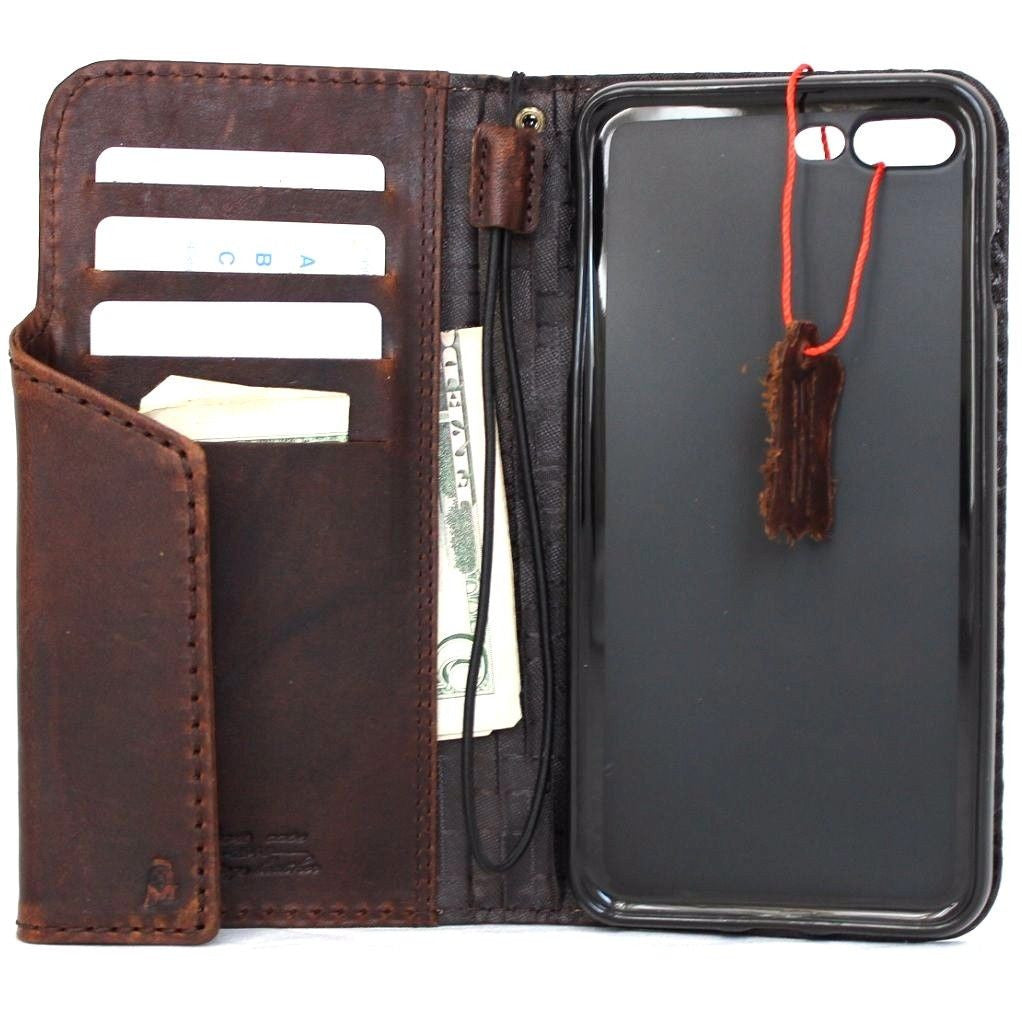 Dark brown leather iPhone 8 Plus case with magnetic cover, wallet style, credit card slots, handmade by DAVISCASE.