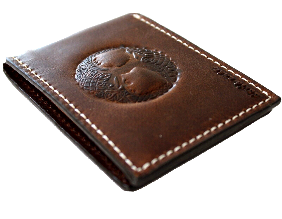 Men's brown genuine leather wallet with credit card slots and bill compartment featuring a Tree of Life design by DavisCase.