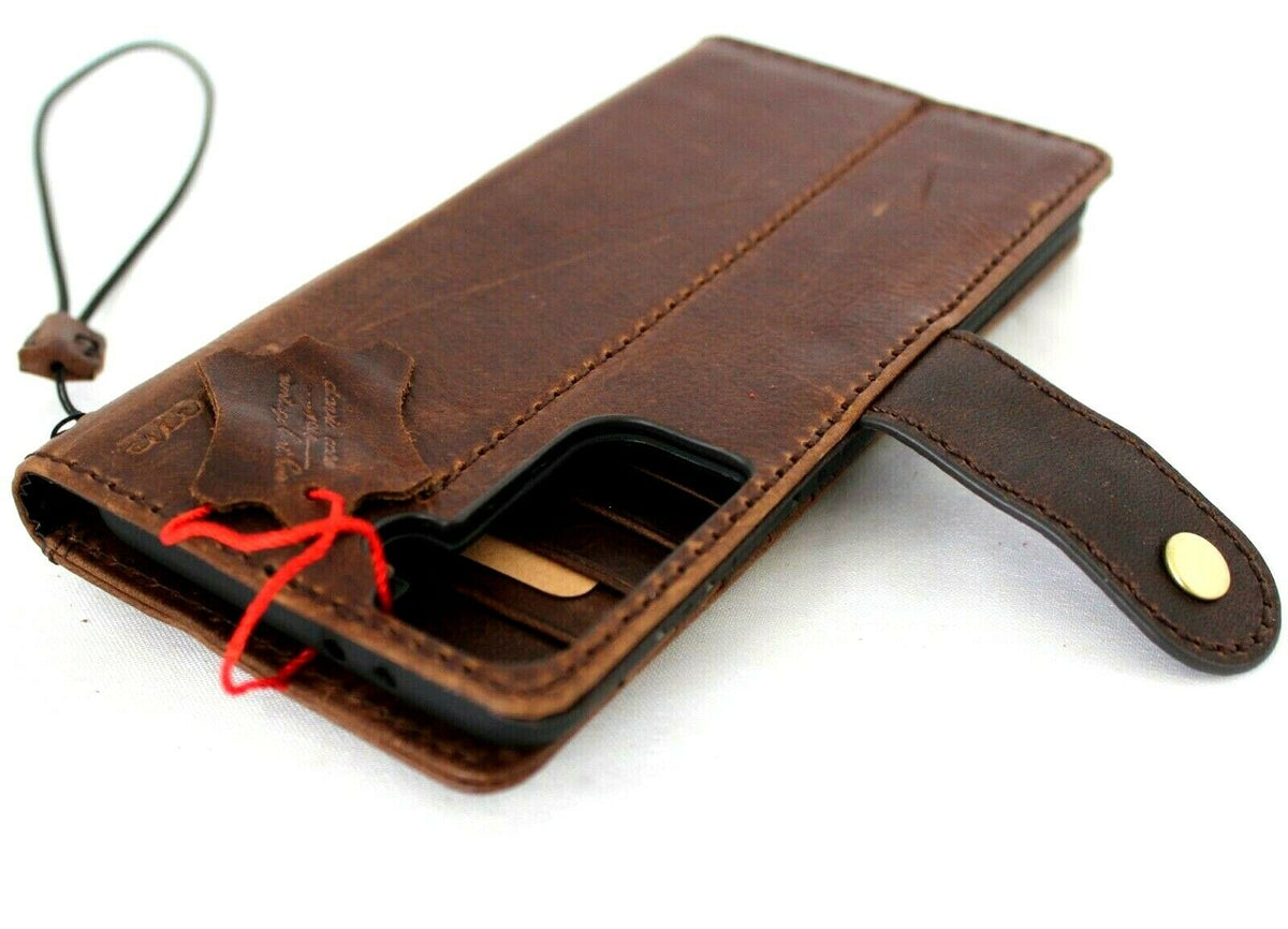 Genuine vintage leather Galaxy S21 Plus case by DavisCase with soft wallet design, card holder, and rubber ID slot.