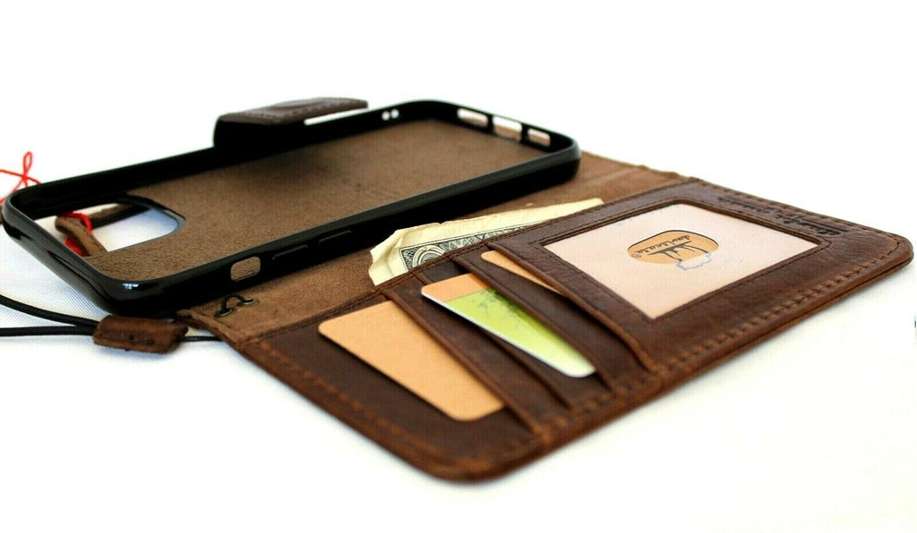 Genuine soft leather vintage-style wallet case for Apple iPhone 13 Pro Max with ID window, credit card slots, and magnetic cover by DAVISCASE.