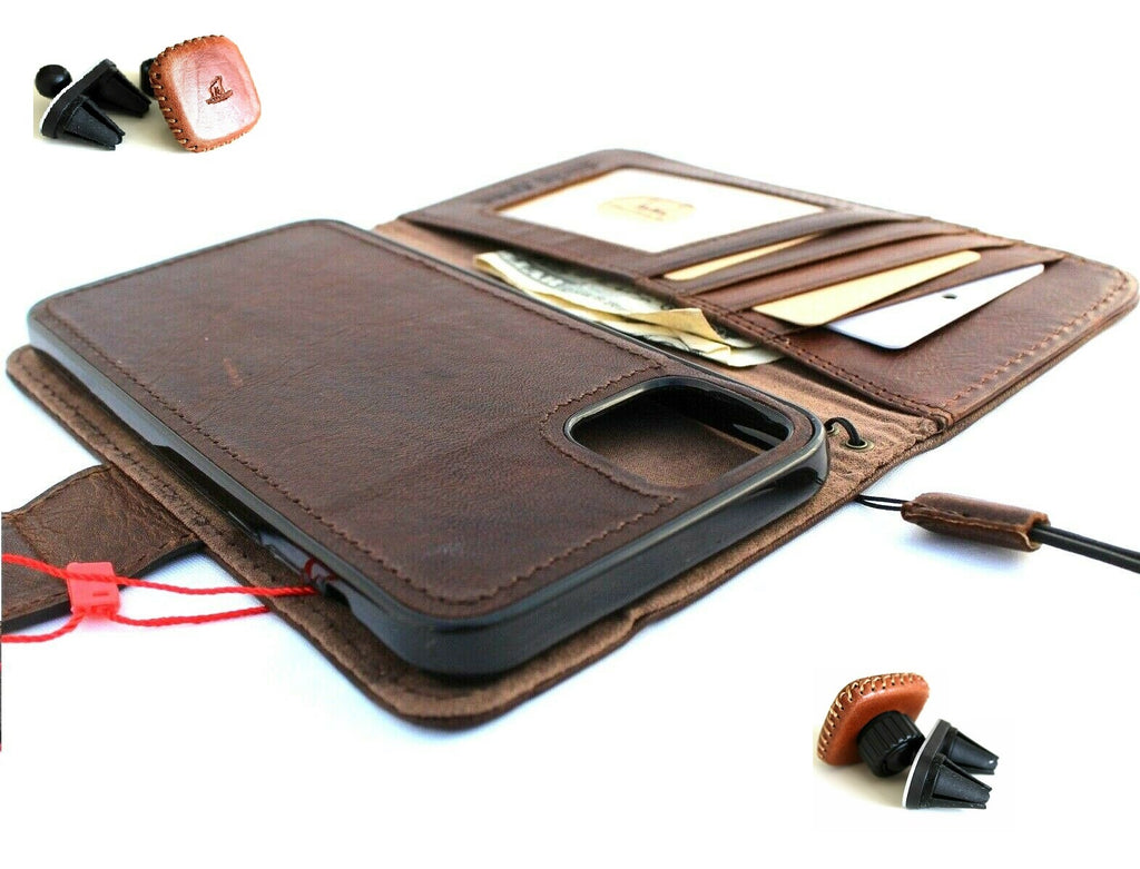 Handmade genuine leather iPhone 11 wallet case with magnetic book cover, credit holder, and detachable prime holder by DAVISCASE.