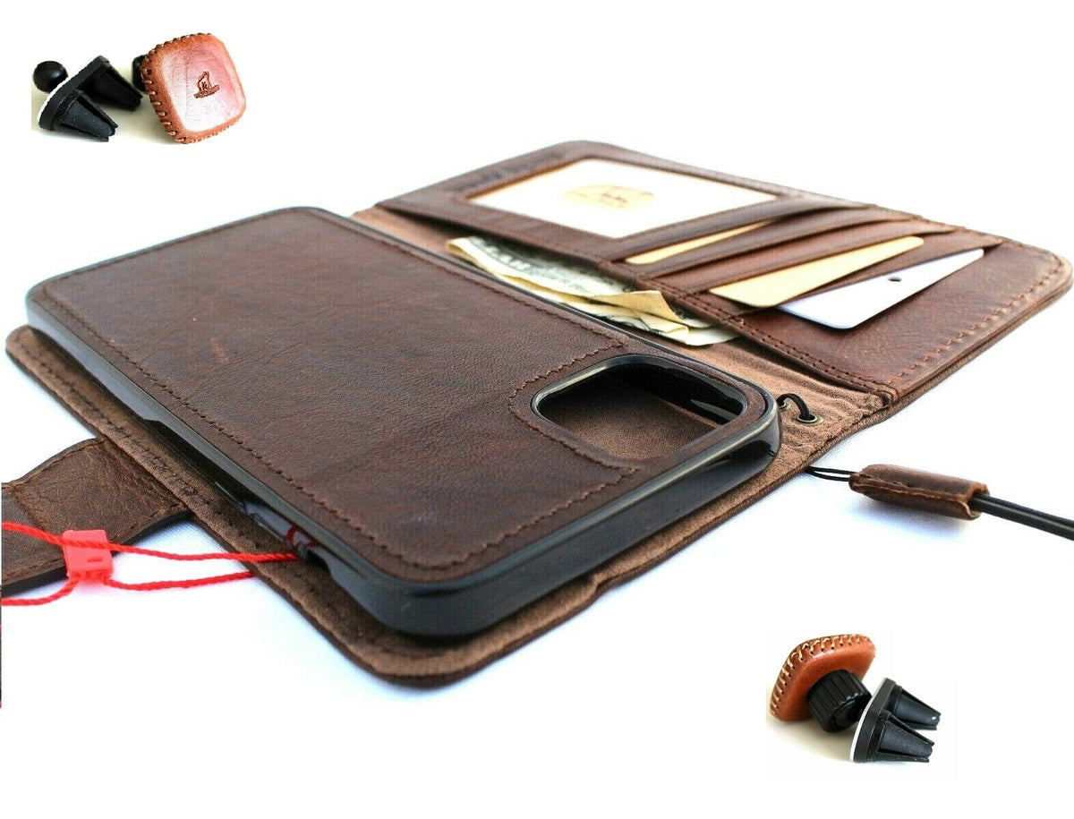 Handmade genuine leather iPhone 11 wallet case with magnetic book cover, credit holder, and detachable prime holder by DAVISCASE.