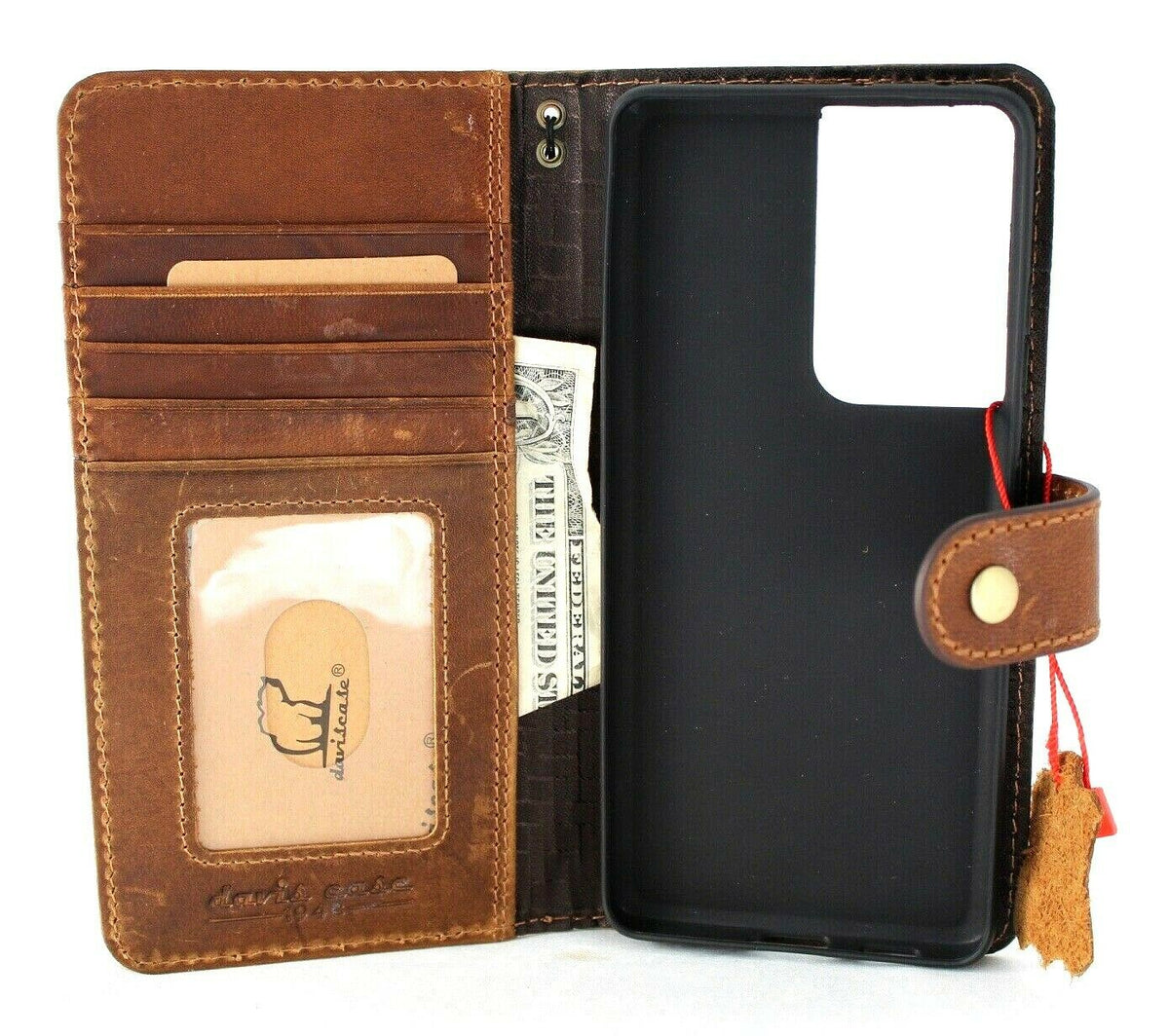 Genuine tan leather Samsung Galaxy S21 Ultra 5G wallet case by DAVISCASE with handmade design, rubber holder, and wireless charging compatibility.