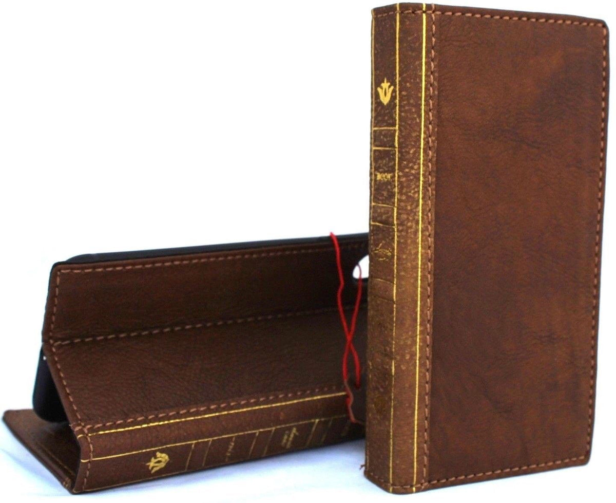 Vintage light brown genuine leather iPhone XS case with wallet closure, card slots, and slim design by DAVISCASE.