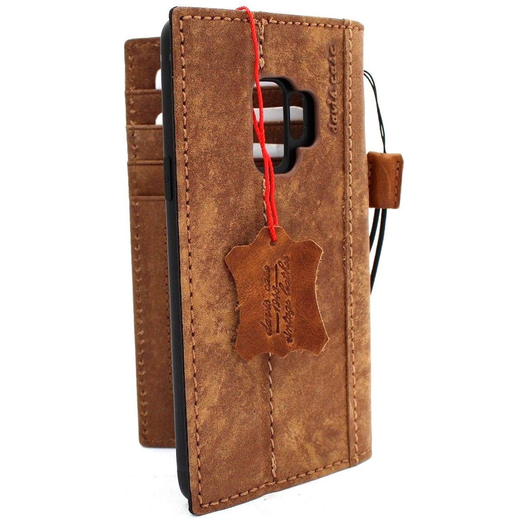 Handmade vintage tan leather case for Samsung Galaxy S9 with book wallet design by DAVISCASE.