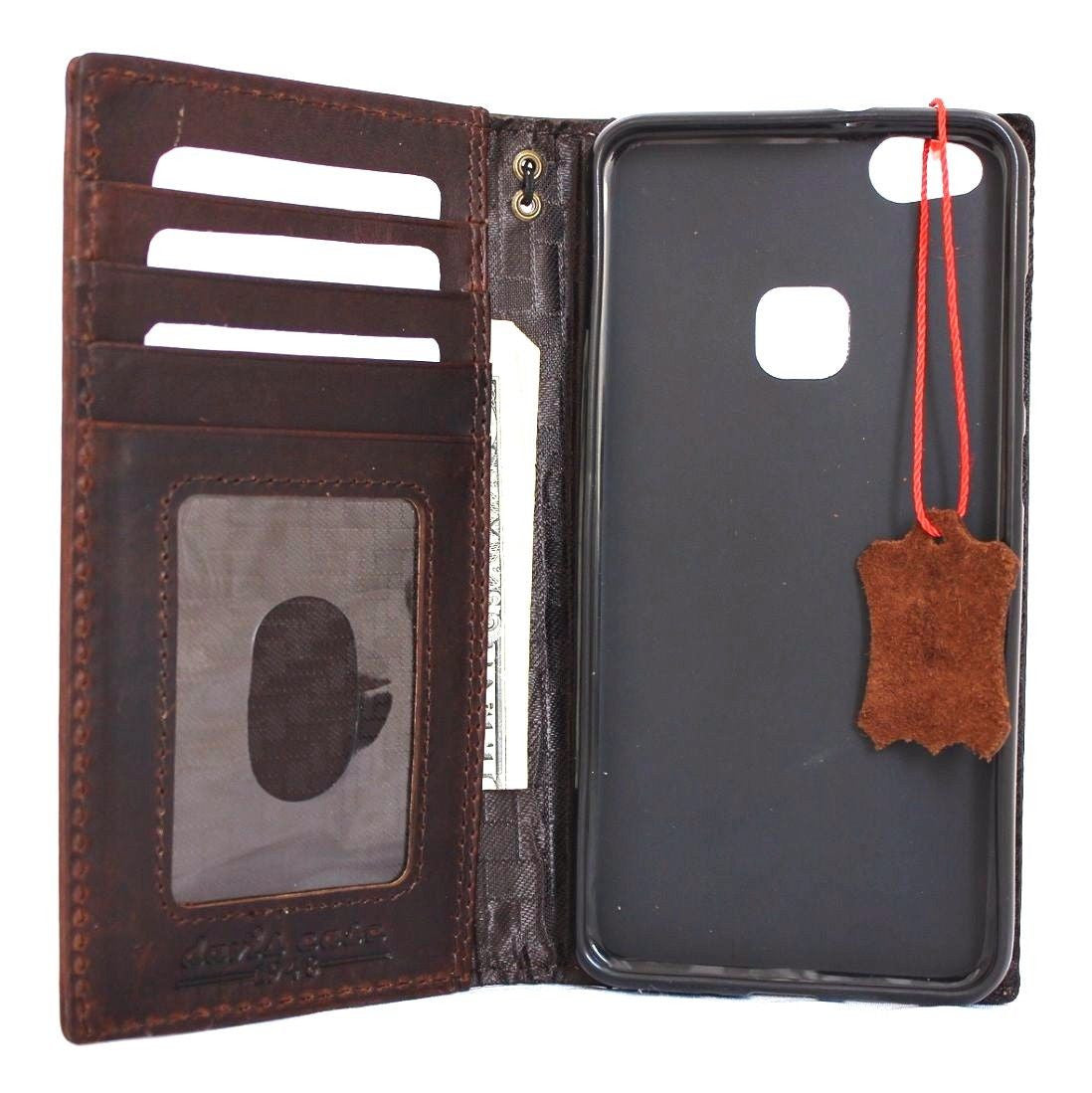 Handmade brown genuine leather phone case for Huawei P10 Lite, slim wallet cover with card slots and luxury finish.