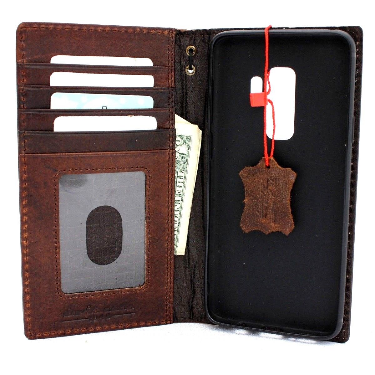 Vintage leather Samsung Galaxy S9 Plus case with card slots, wallet design, handcrafted, embossed logo, wireless charging compatible.