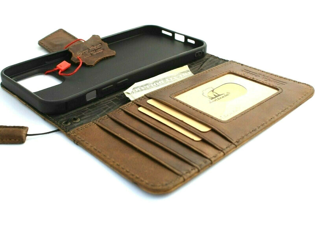 Handmade genuine leather phone case for iPhone 15/14 Pro Max, vintage style with credit card slots, magnetic closure, and full grain leather.