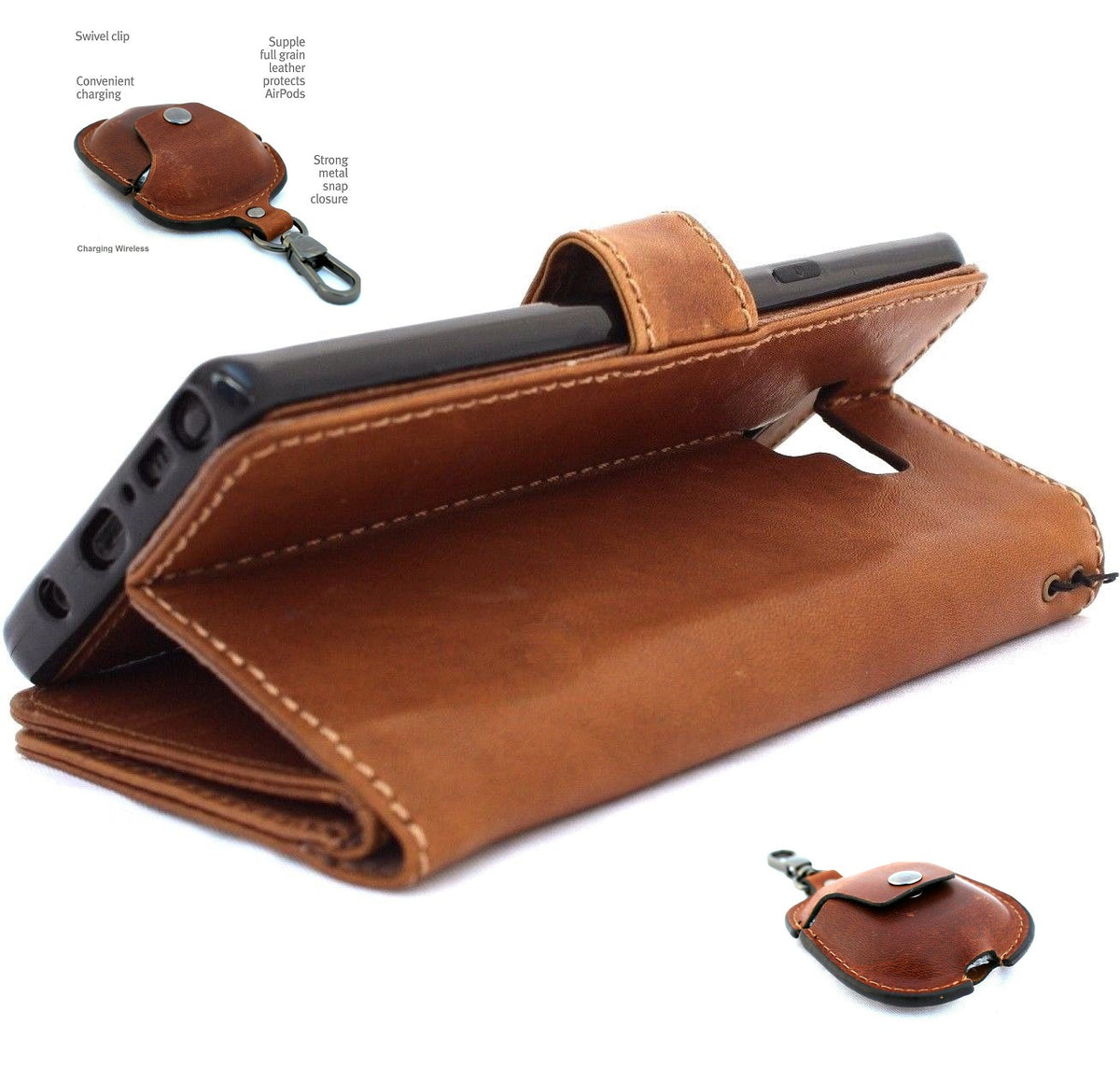 Genuine full leather Samsung Galaxy Note 9 wallet case with card slots, magnetic holder, vintage style, and space for AirPods 2.