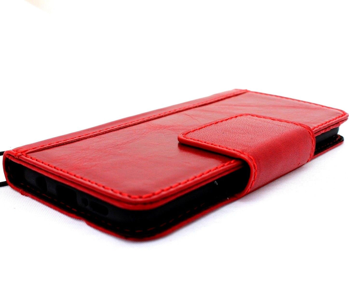 Handmade red wine leather wallet phone case for Samsung Galaxy S9 Plus with card slots and protective cover.