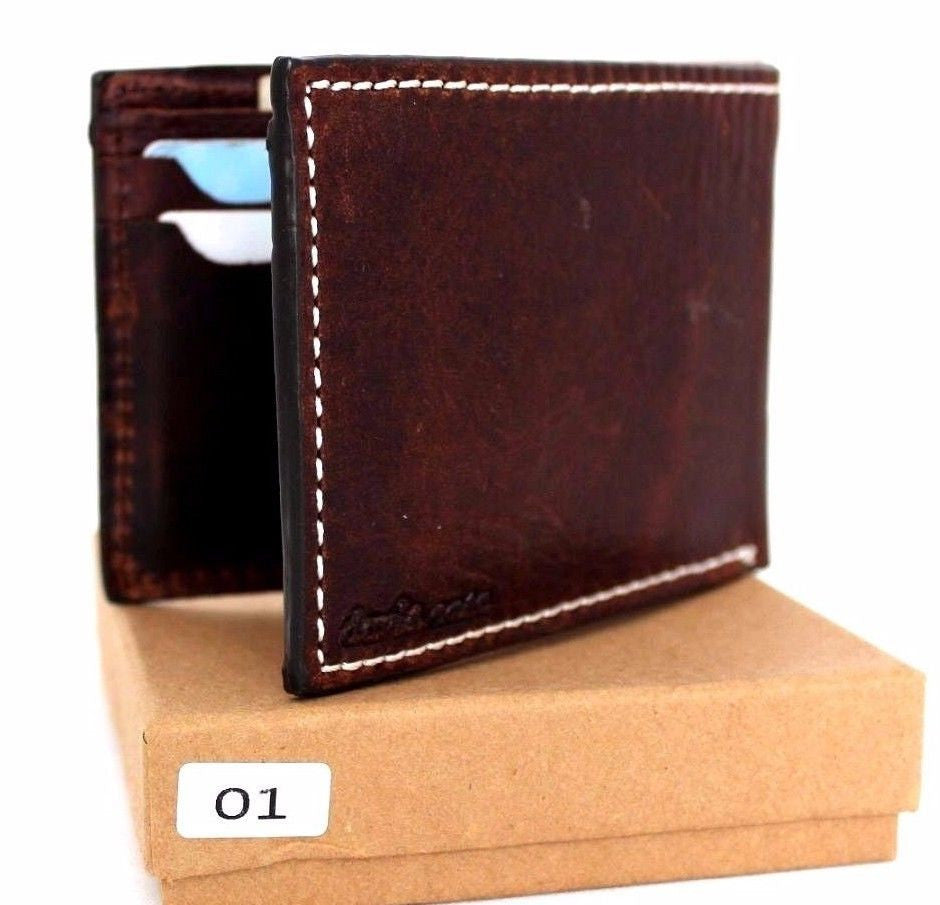 Men's brown leather wallet with 4 credit card slots and a bill compartment, slim bifold design, made of natural leather.