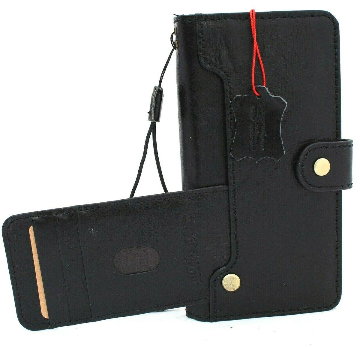Black leather Galaxy Note 20 Ultra 5G wallet case with ID window, handmade rubber holder, compatible with wireless charging by DavisCase.