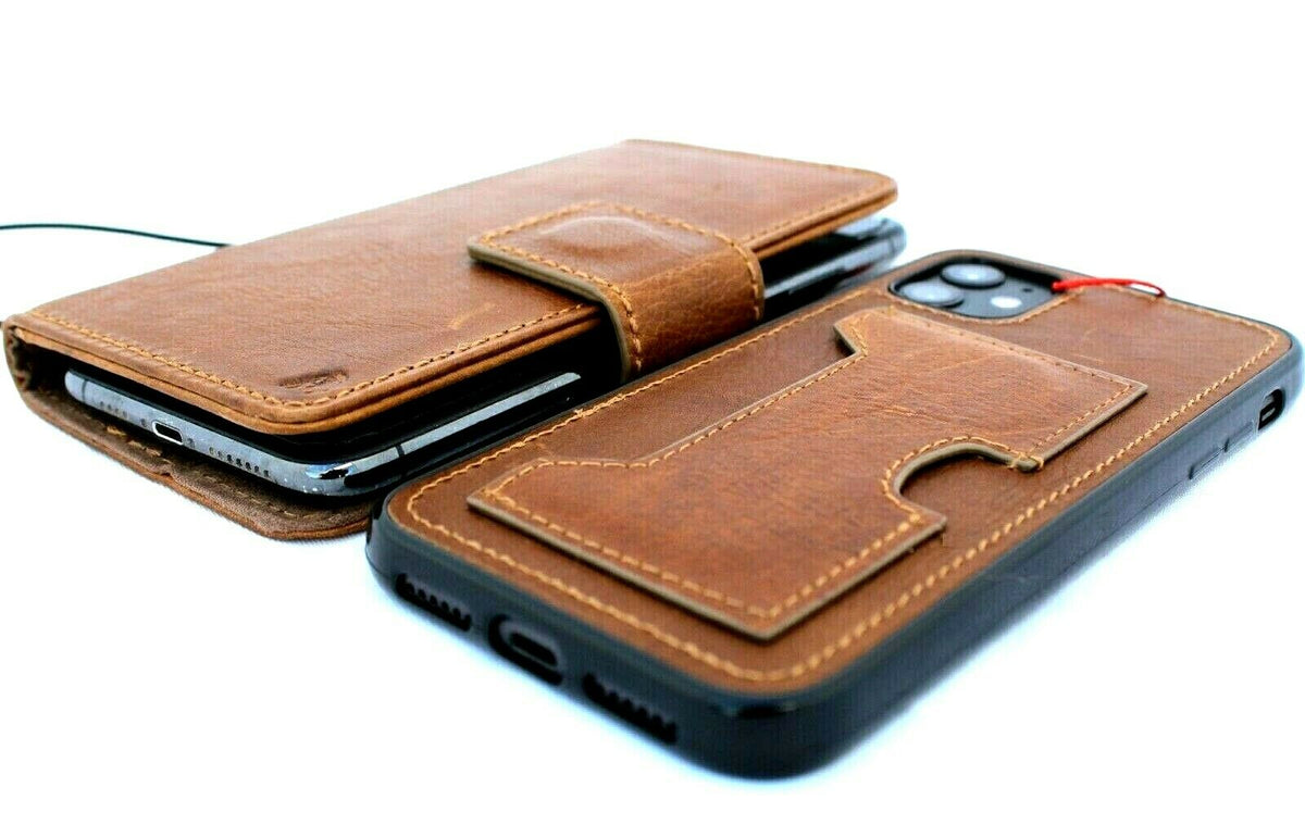Handmade DAVISCASE genuine full tanned leather iPhone 11 Pro Max wallet case with ID window, credit card slots, and removable prime holder.