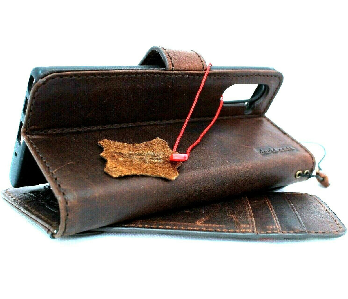 Handmade genuine leather Samsung Galaxy Note 10 wallet case with card slots, button closure, flip design, and rubber strap.