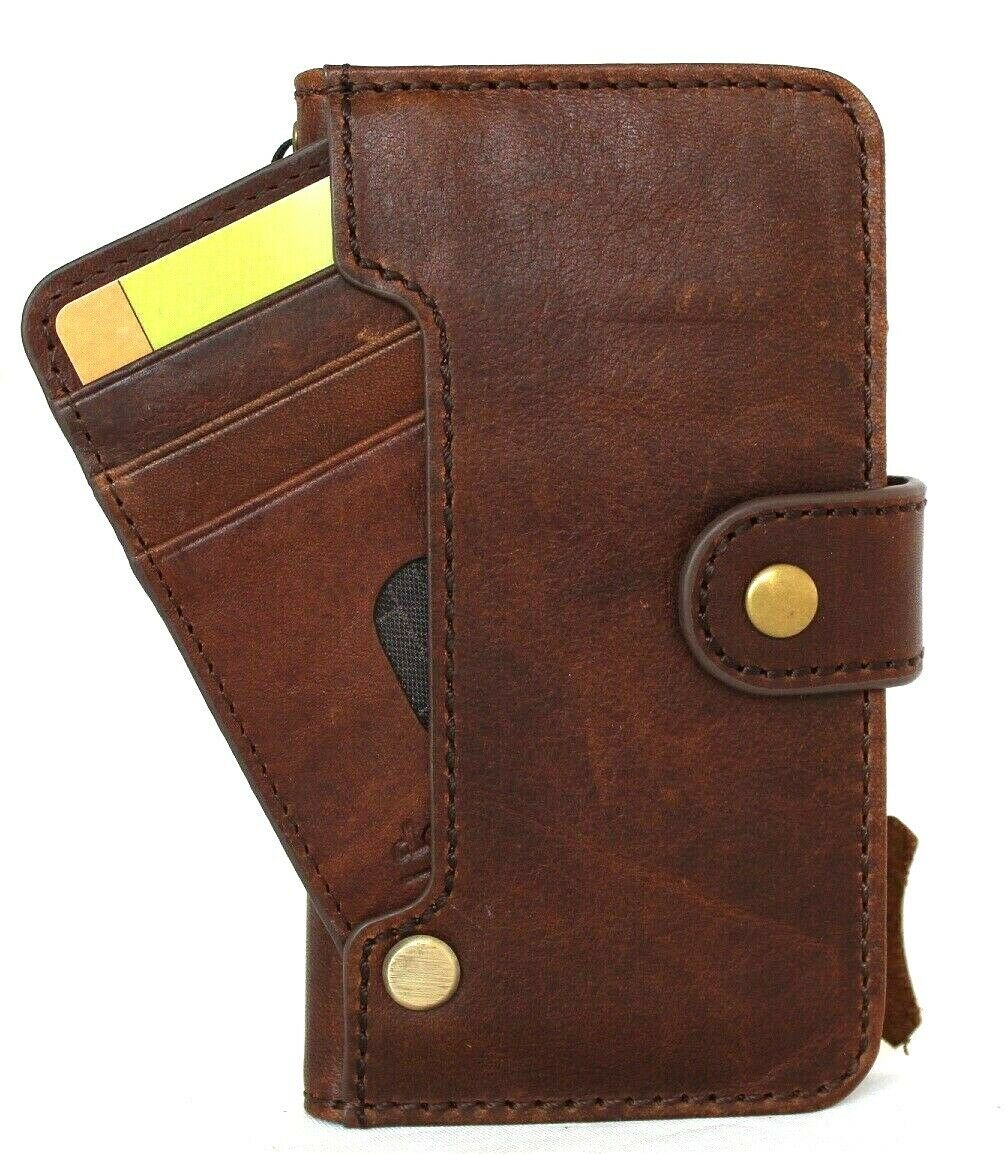 Genuine dark leather iPhone 12 Mini case by DAVISCASE with wallet design, credit card slots, soft closure, full grain vintage leather.