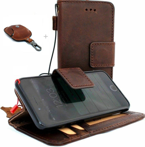 Genuine dark leather iPhone 8 wallet case by DAVISCASE with card slots, magnetic cover, slim vintage design, and AirPods 2 case.