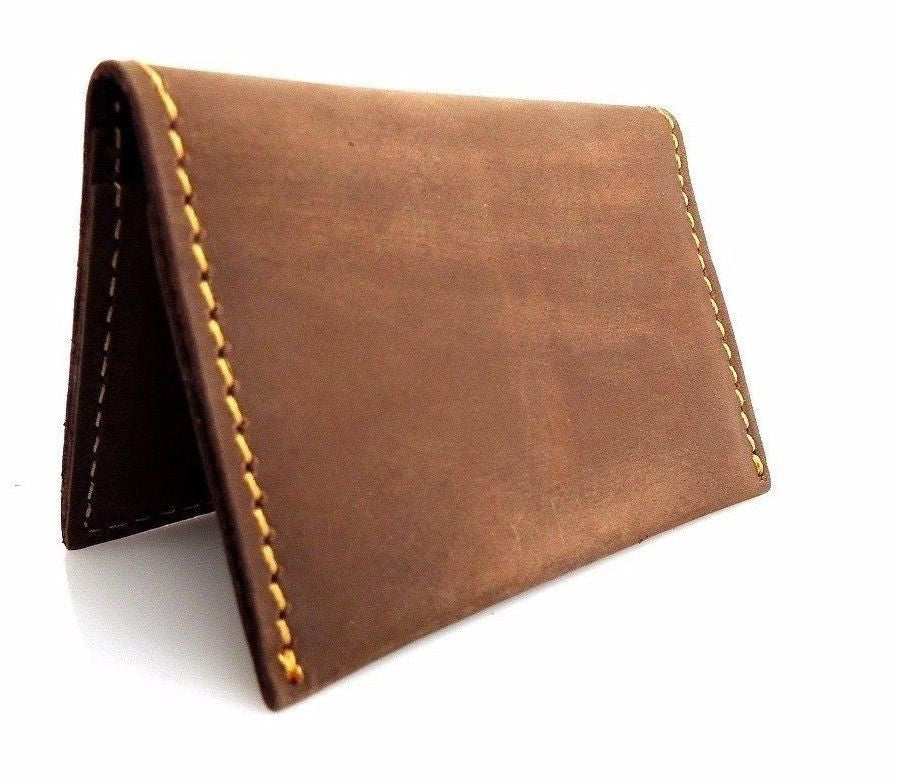Men's DAVISCASE soft leather credit card case with 4 card slots, 2 slip pockets, bi-fold slim design in classic tan.