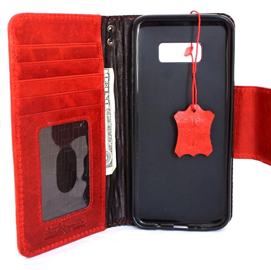 Vintage red genuine oil leather case for Samsung Galaxy S8 Plus, handmade wallet-style phone cover with magnetic closure.