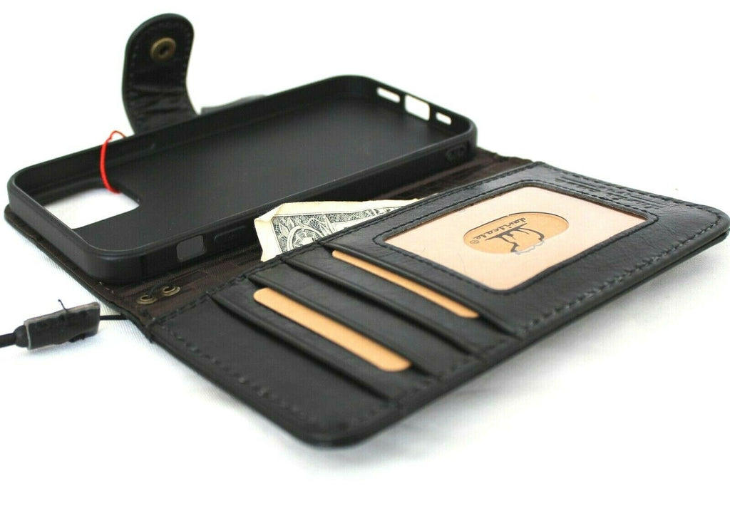 Black genuine soft leather iPhone 12 case by DAVISCASE with wallet features, ID window, credit card slots, vintage style.