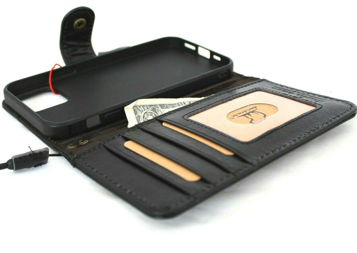 Black genuine soft leather iPhone 12 case by DAVISCASE with wallet features, ID window, credit card slots, vintage style.