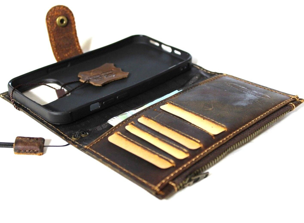 DAVISCASE genuine leather wallet case for iPhone 11-15 Pro Max, vintage retro style with ID window, credit card slots, zipper, full grain leather