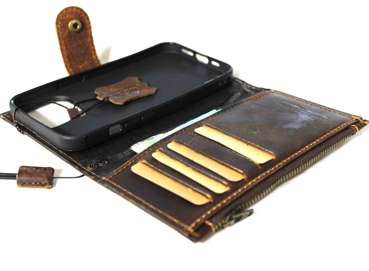DAVISCASE genuine leather wallet case for iPhone 11-15 Pro Max, vintage retro style with ID window, credit card slots, zipper, full grain leather