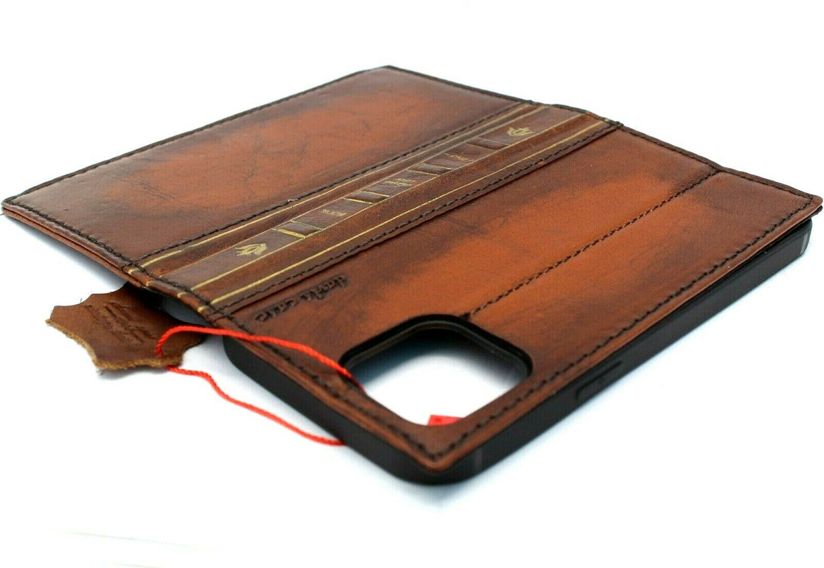 DavisCase handmade genuine leather phone case for iPhone 11-15 Pro Max, Galaxy S21, Note 10, featuring vintage wallet style and full grain leather.