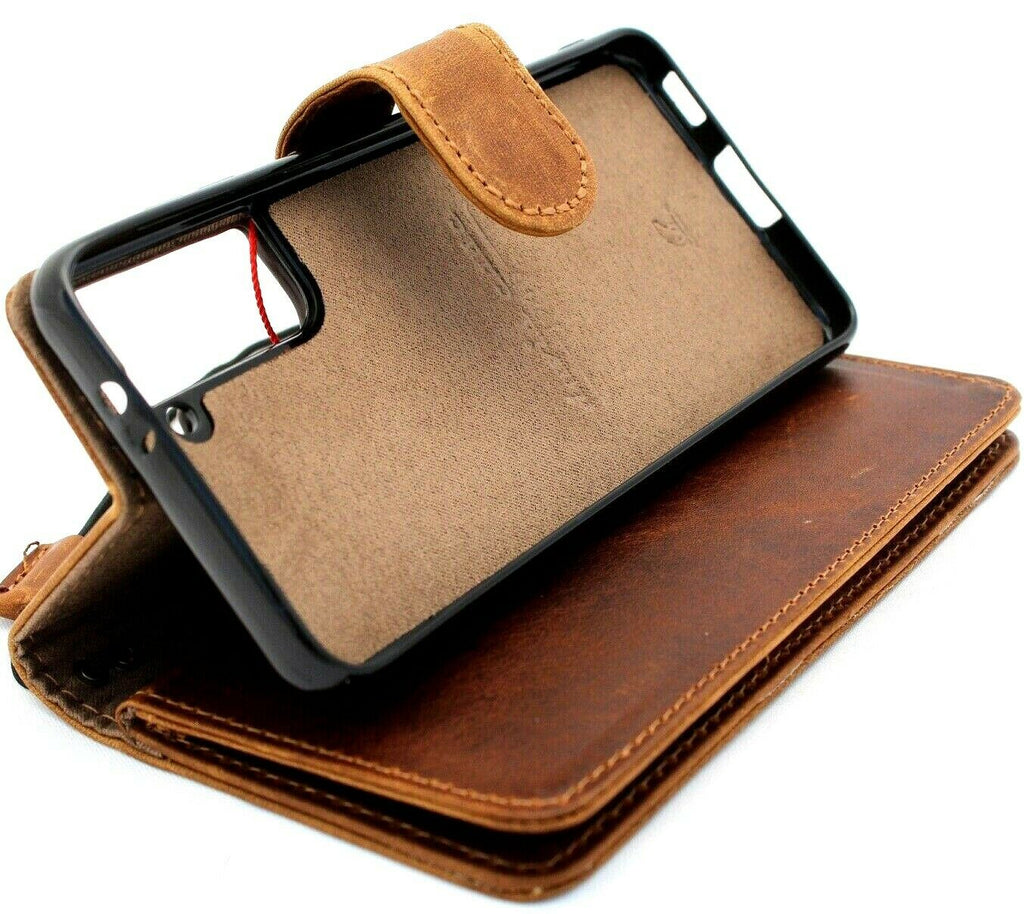 Genuine leather Samsung Galaxy S21 wallet case by DAVISCASE with card slots, window, removable cover, and magnetic closure.