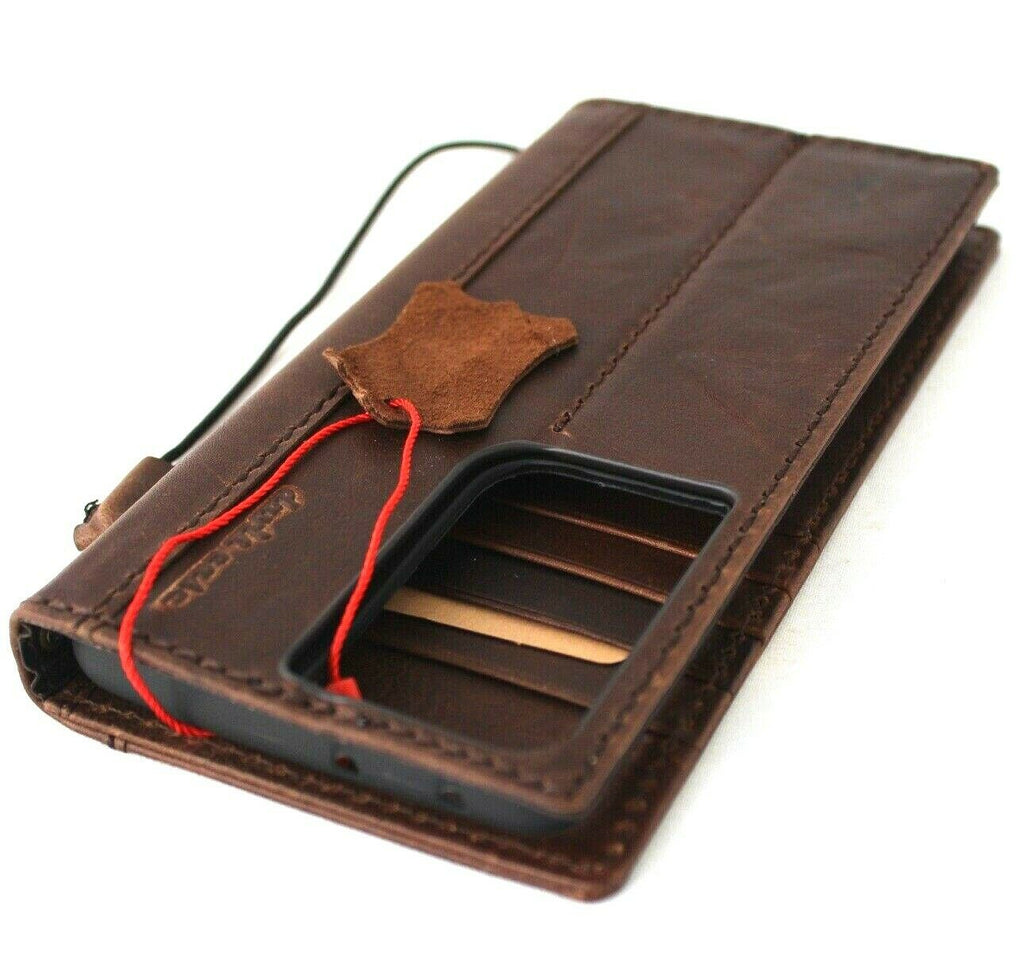 Leather wallet case for Samsung Galaxy S21 Ultra 5G by DAVISCASE with ID window, card slots, and rubber stand.