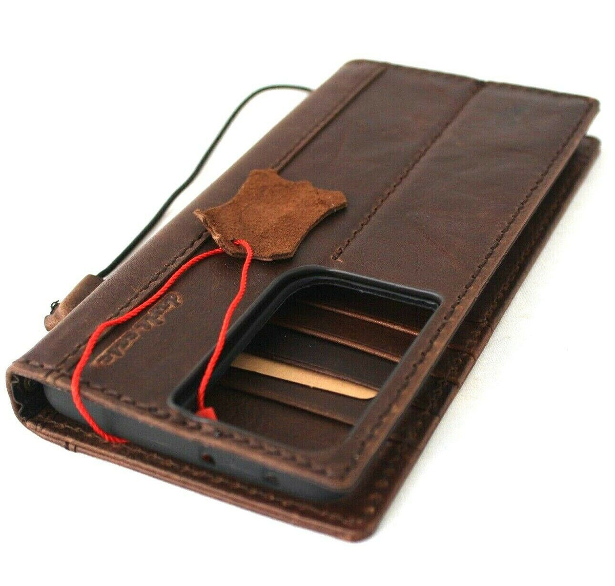 Leather wallet case for Samsung Galaxy S21 Ultra 5G by DAVISCASE with ID window, card slots, and rubber stand.