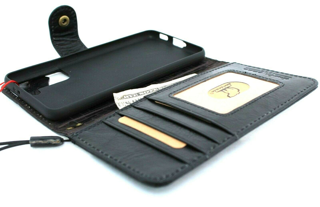 Black genuine Italian leather wallet phone case for Samsung Galaxy S21, handmade by DavisCase with rubber holder and wireless charging.