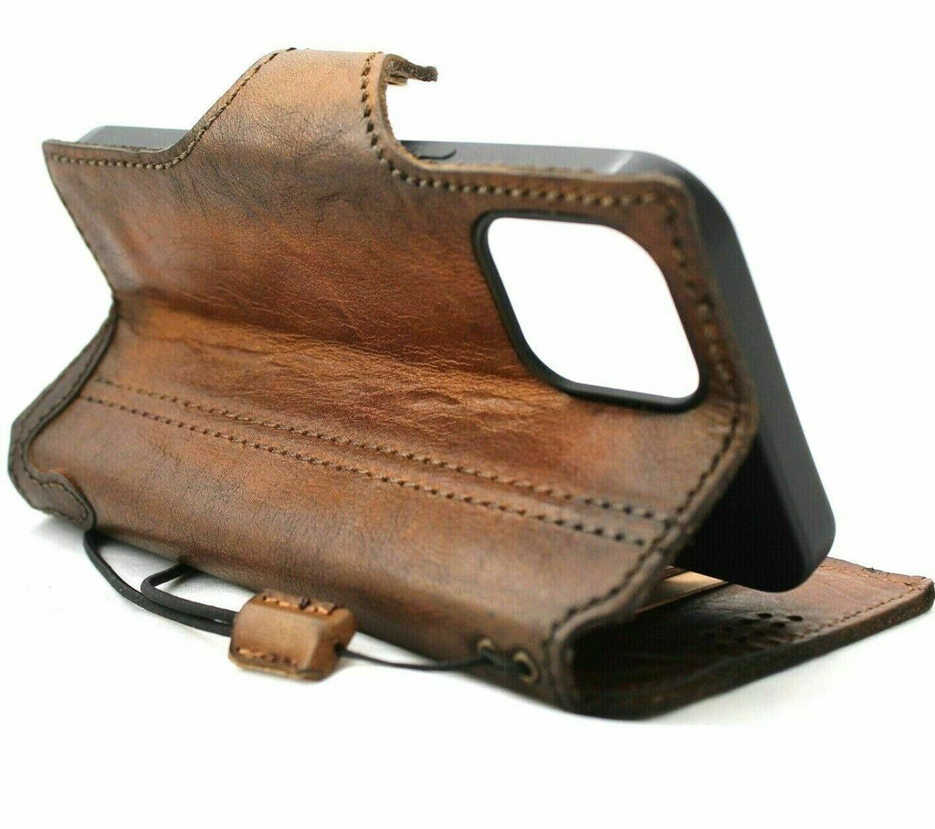 Handmade genuine soft leather iPhone 12 Pro case with vintage book wallet style, credit card slots, slim design, by DAVISCASE.