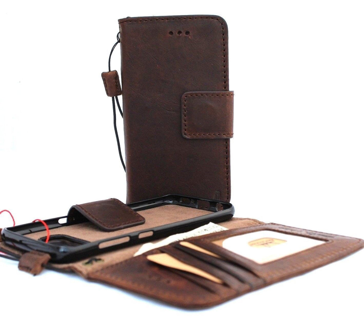 Genuine vintage leather Samsung Galaxy S8 Plus case with wallet, card slots, magnetic closure, and detachable holder by DavisCase.