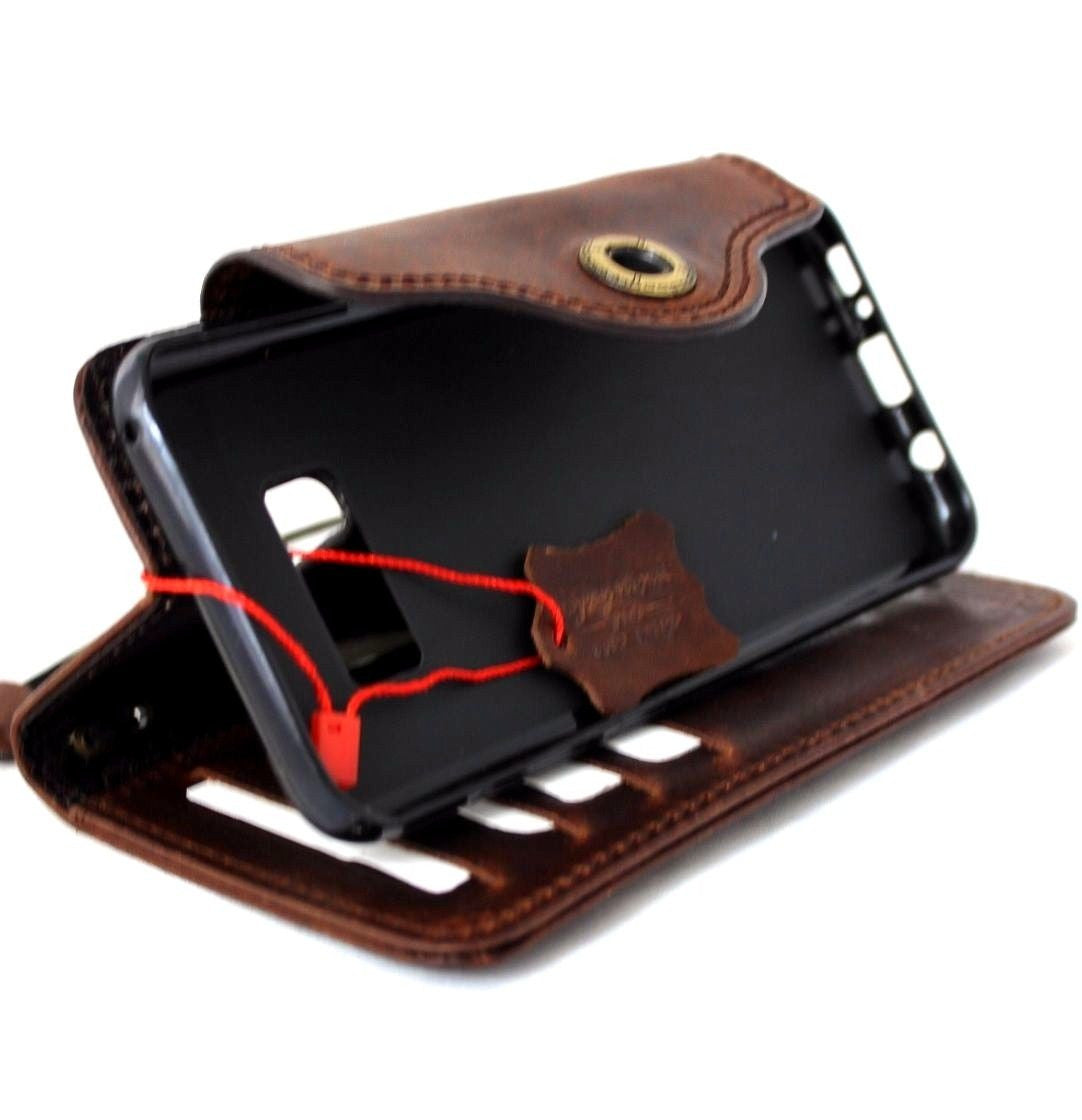 Handmade genuine leather hard case for Samsung Galaxy S8 Plus, featuring a book wallet design with tic bracket detail.