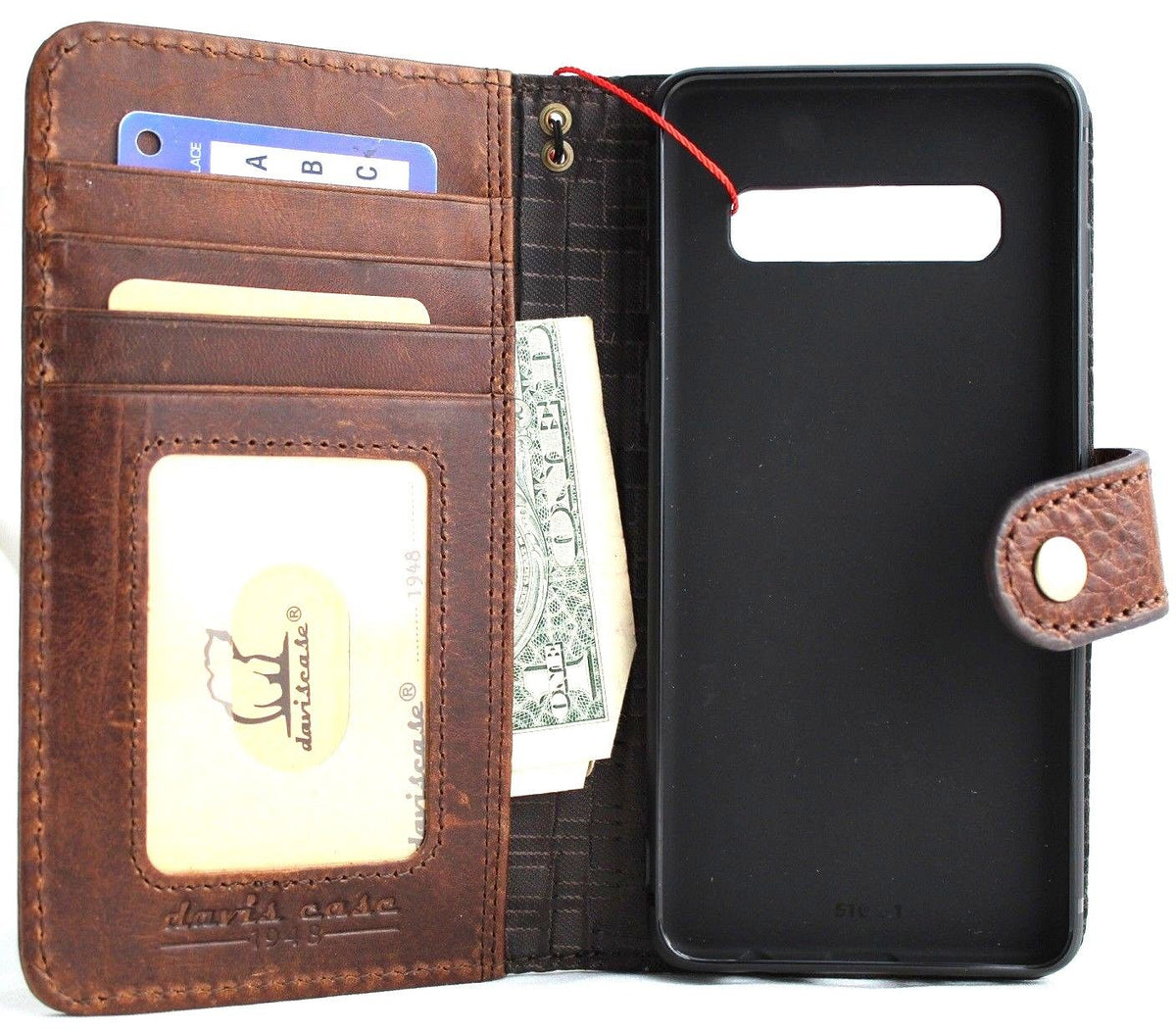 Genuine leather Samsung Galaxy S10e wallet case by DAVISCASE with card slots, stand, closure, and wireless charging compatibility.