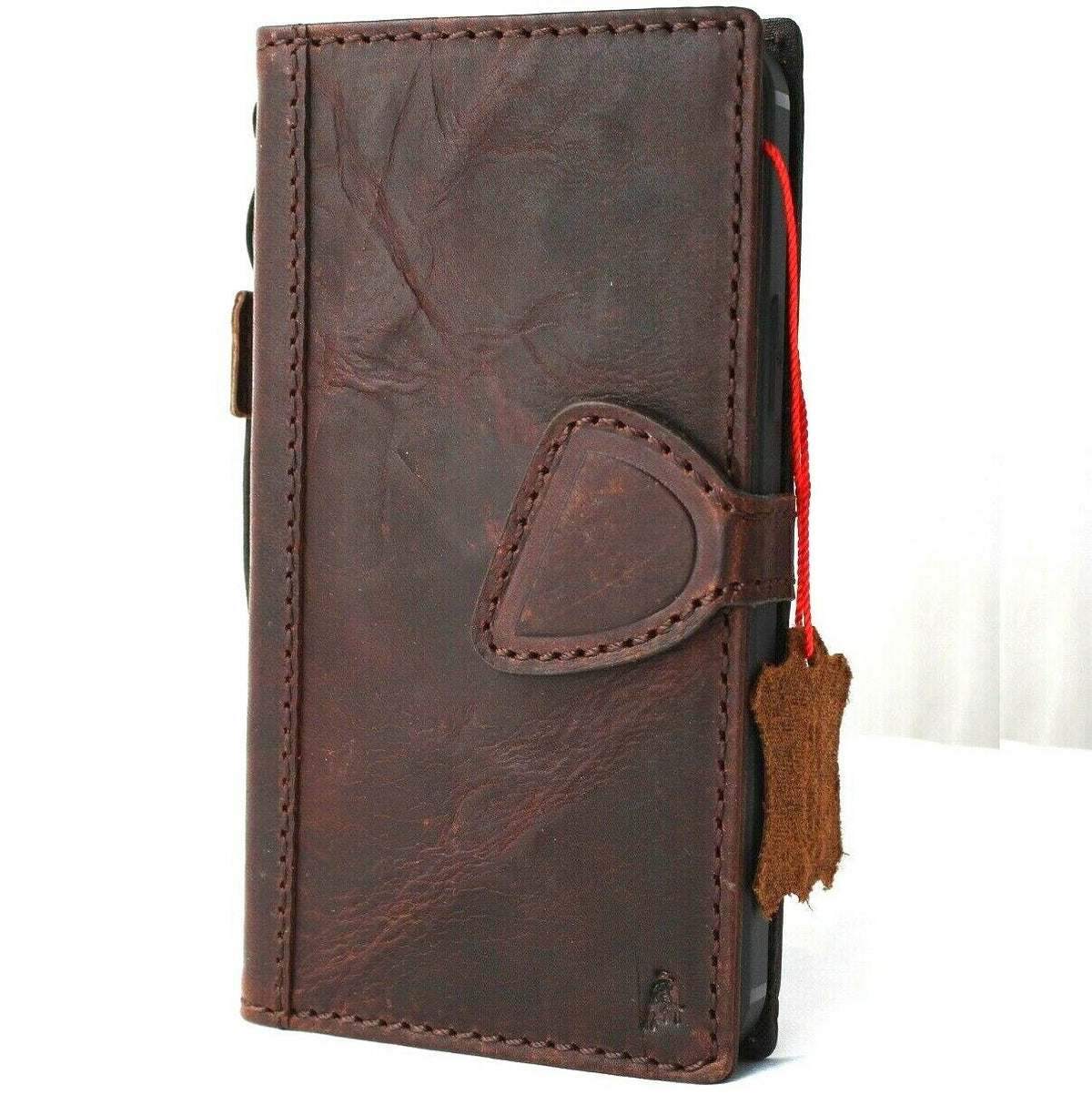 Genuine dark leather iPhone 12 wallet case by DAVISCASE with card slots, ID window, magnetic closure, full grain vintage style.