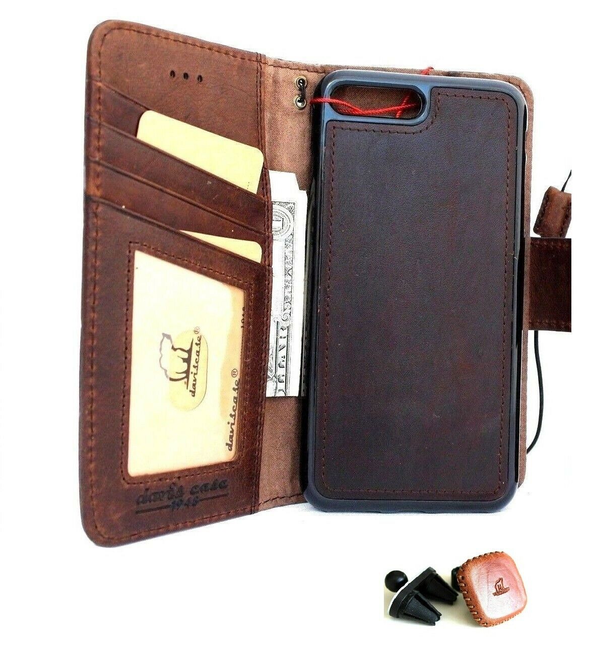 Genuine dark soft leather iPhone SE 2 case with wallet design, magnetic closure, slim fit, and magnetic car holder attachment.