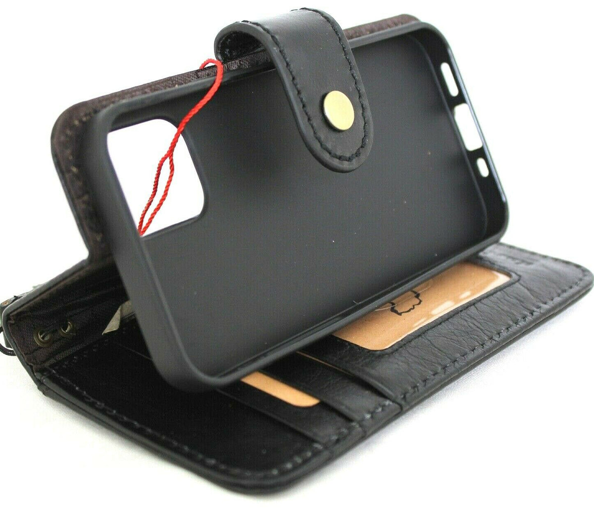 Black genuine leather iPhone 12 Mini case by DAVISCASE with vintage book wallet design, credit card slots, soft closure, full grain leather