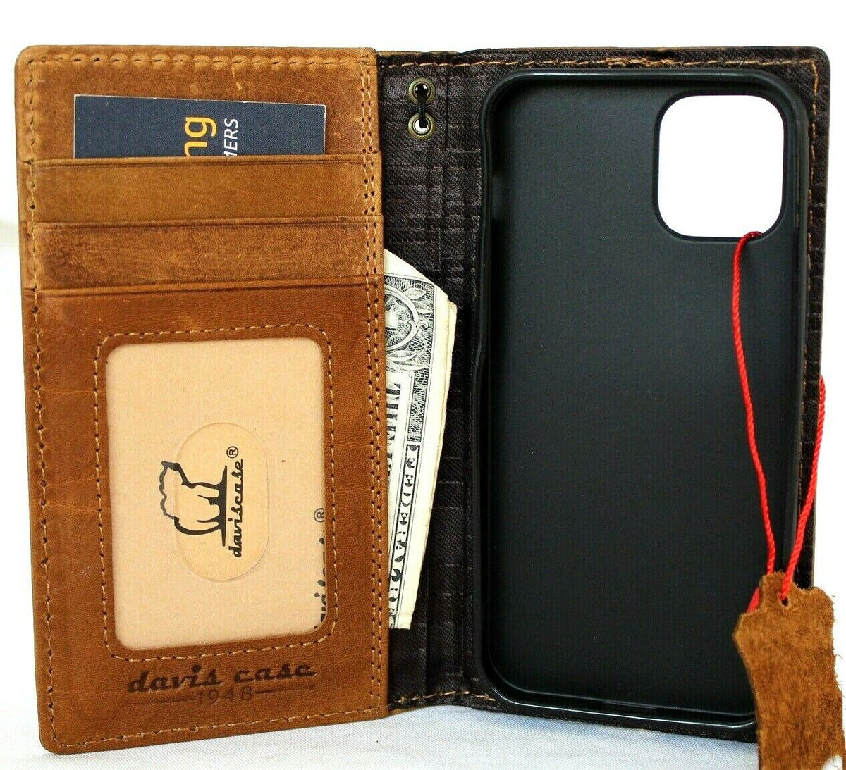 Genuine tan soft leather iPhone 12 Mini case with vintage design, ID window, credit card slots, slim handmade cover by DAVISCASE