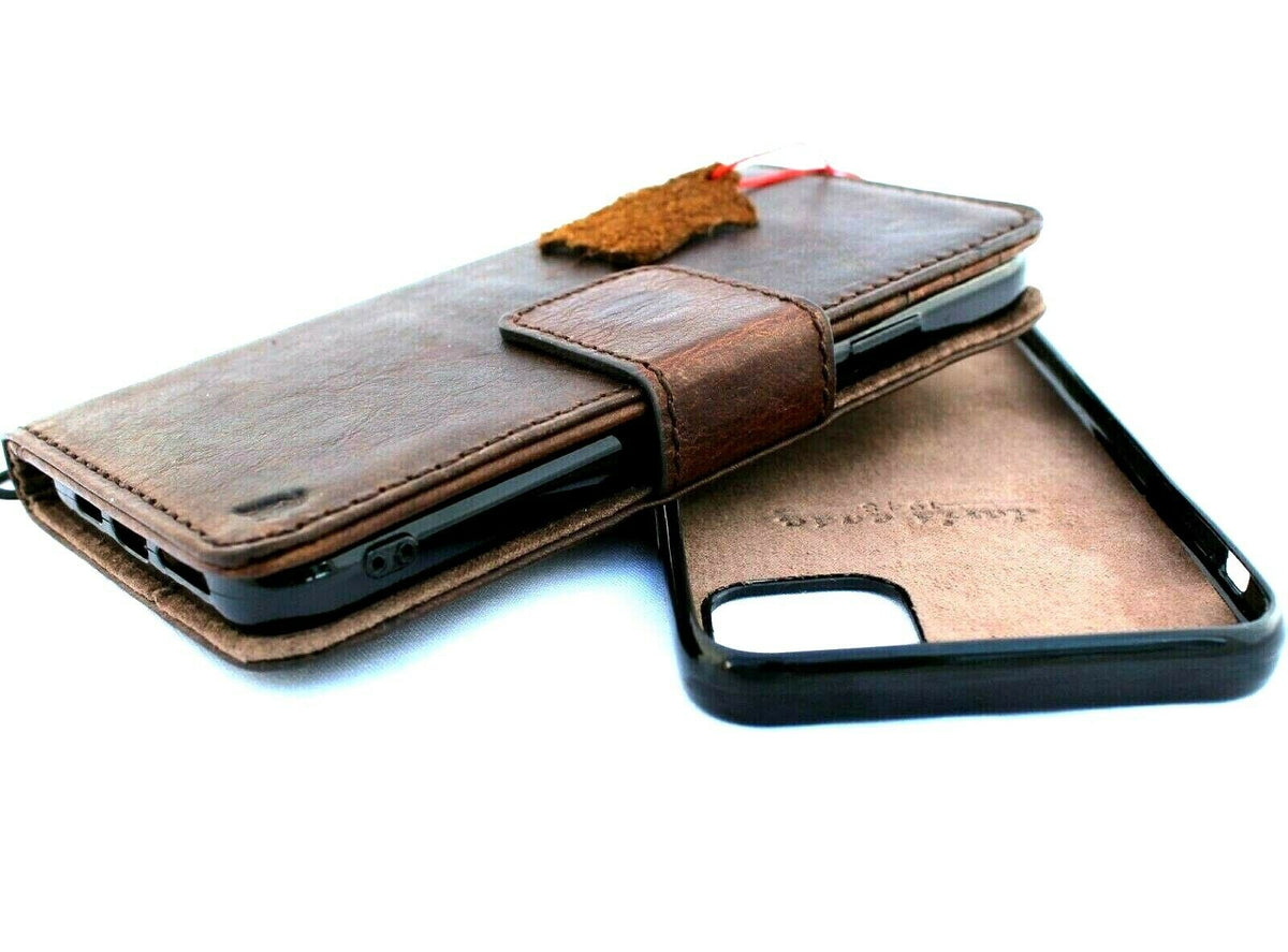 Handmade genuine leather iPhone 11 Pro Max case with wallet credit holder, magnetic closure, soft rubber interior by DAVISCASE.