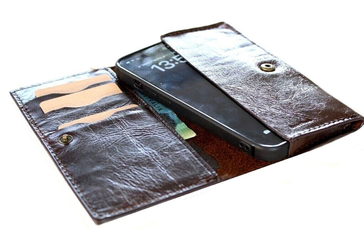 Handmade leather phone case by DAVISCASE for iPhone 12-14 Pro, vintage stamped design with credit card slots and removable cover.