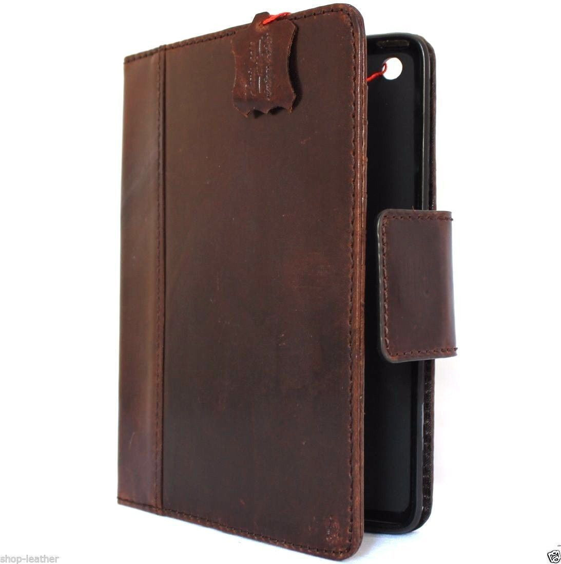Vintage genuine leather iPad mini 2/3 case with stand, wallet, and card slots, offering stylish protection and functionality.