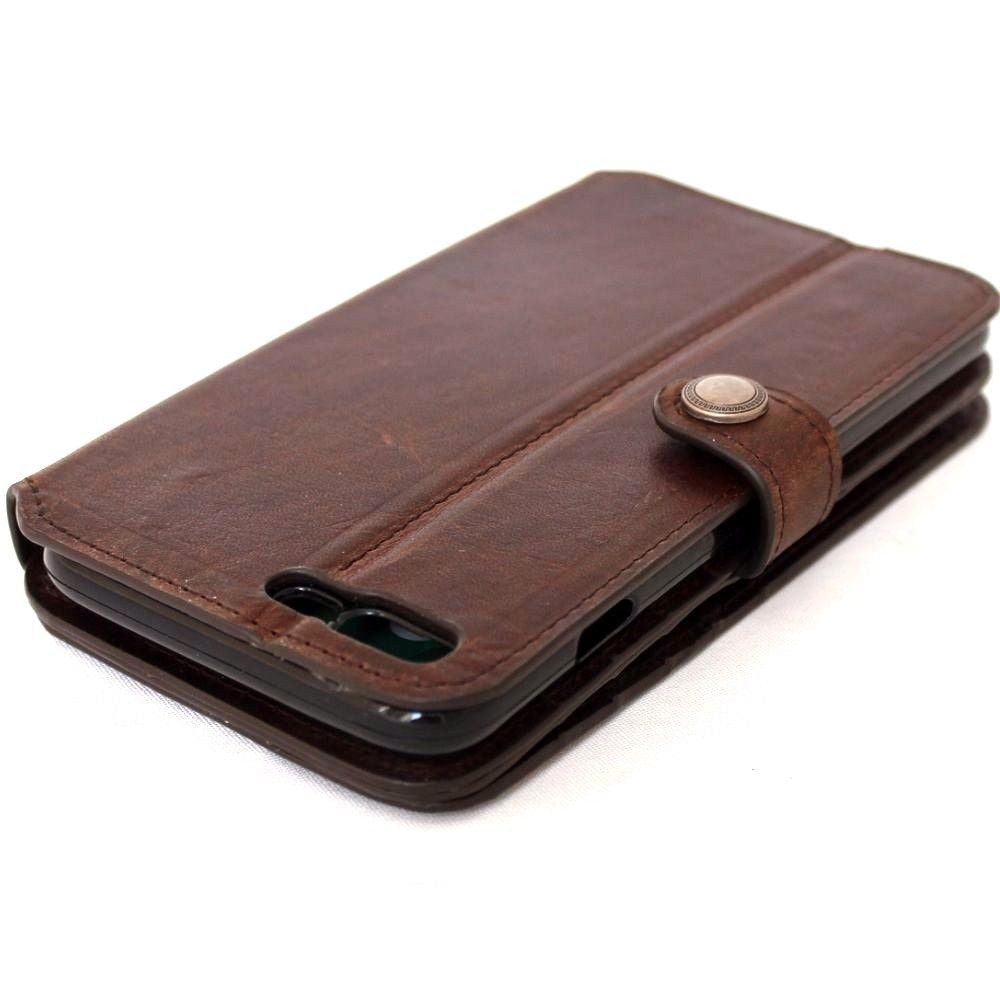Brown genuine leather iPhone 8 case with wallet design, card slots, RFID protection, and book-style closure.