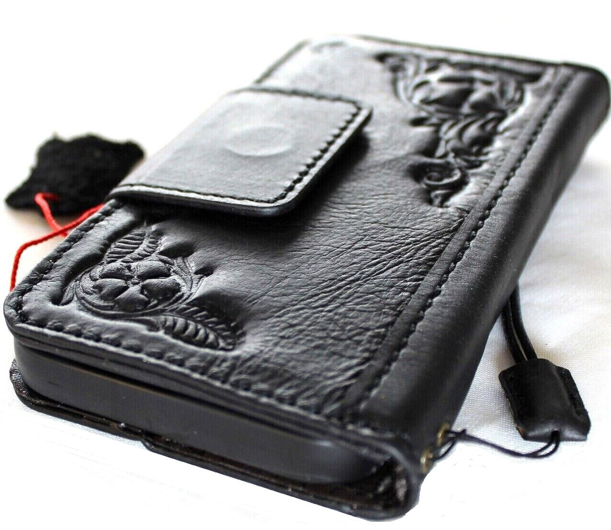 Handmade genuine leather phone case for iPhone 11-15 Pro Max, vintage style with ID window and credit card slots by DAVISCASE.