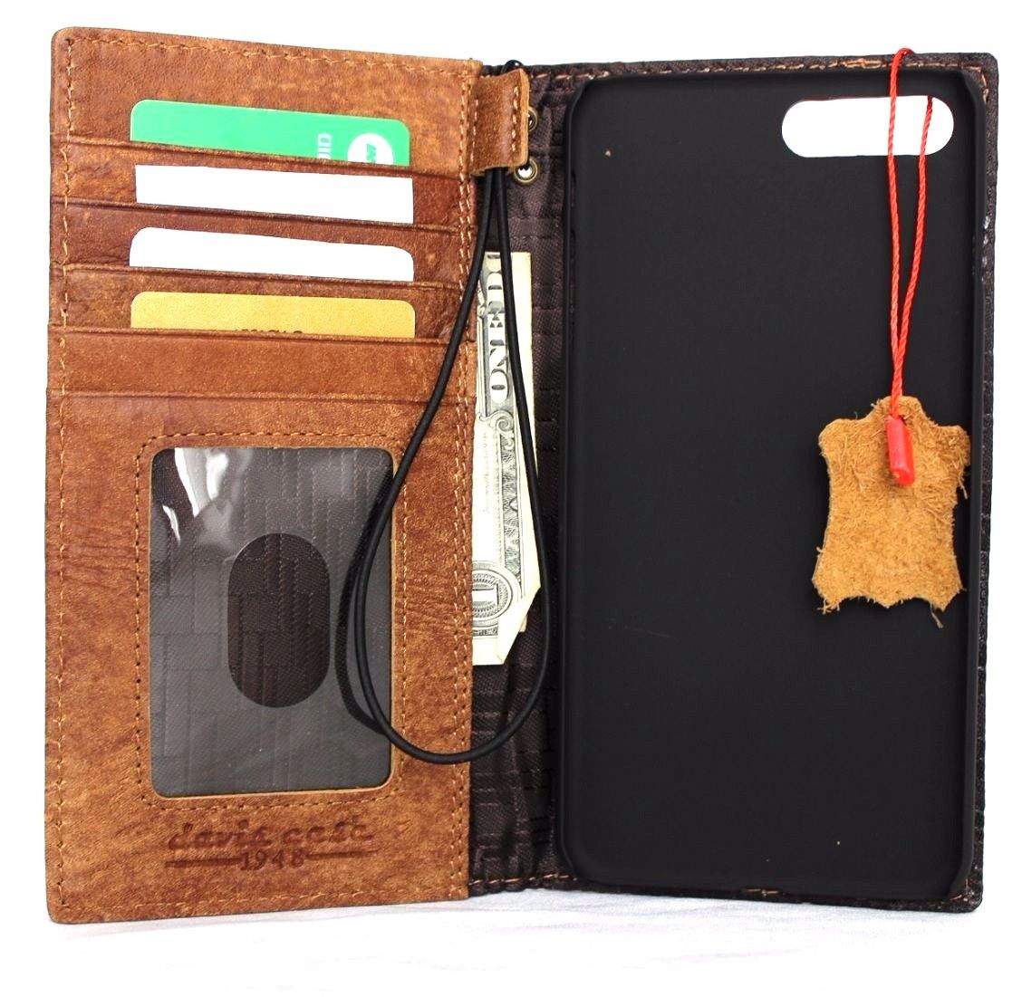 Vintage bright brown genuine leather iPhone 8 Plus wallet case with credit card slots, slim design, by DAVISCASE