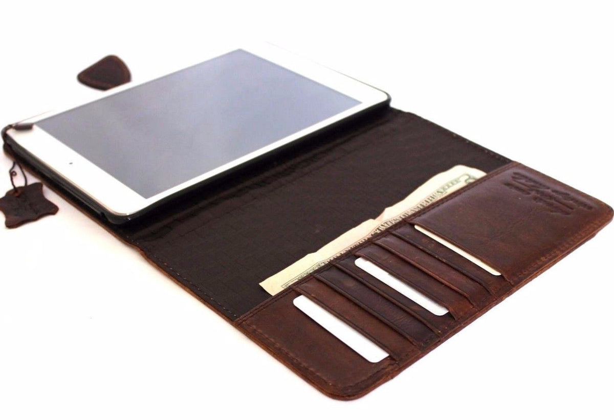 Brown genuine leather iPad 9.7 case by DAVISCASE with football design, card slots, magnetic closure, for models A1673 to A1954.