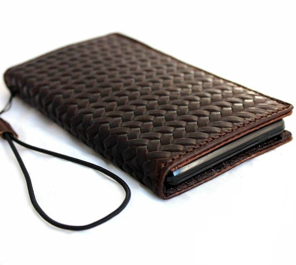 Brown genuine leather wallet case for iPhone SE 2, with card slots, soft cover, slim design, compatible with wireless charging.