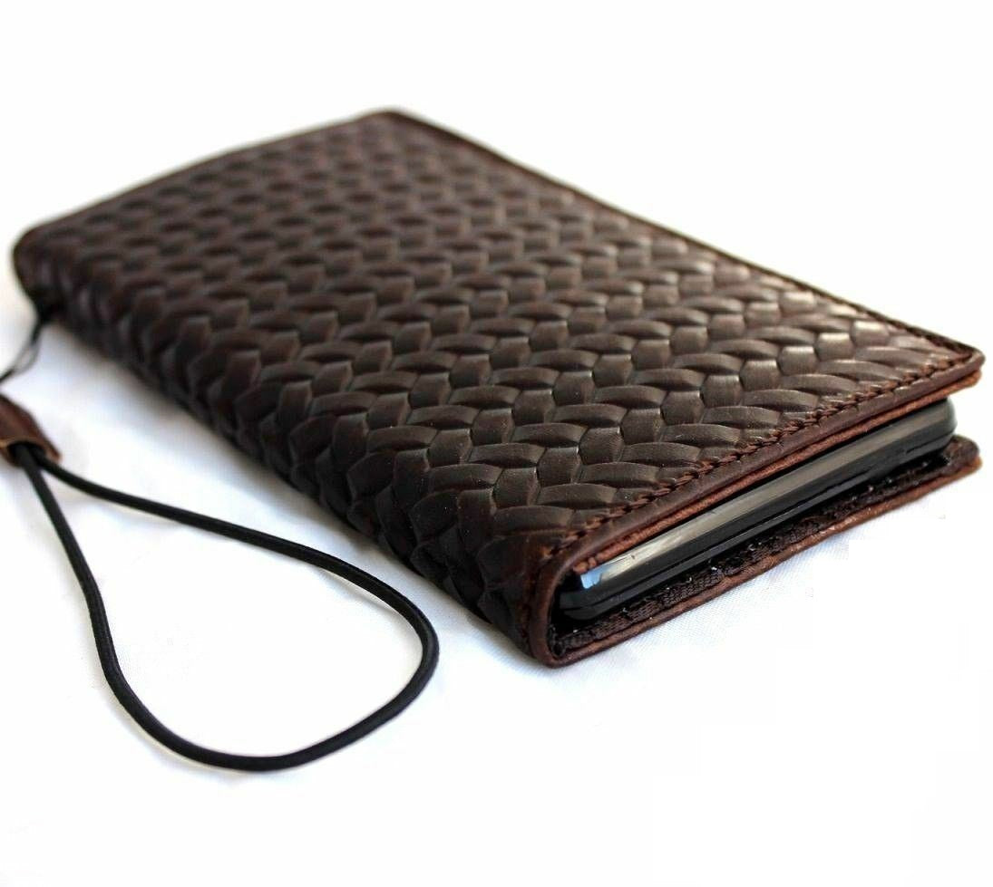 Brown genuine leather wallet case for iPhone SE 2, with card slots, soft cover, slim design, compatible with wireless charging.