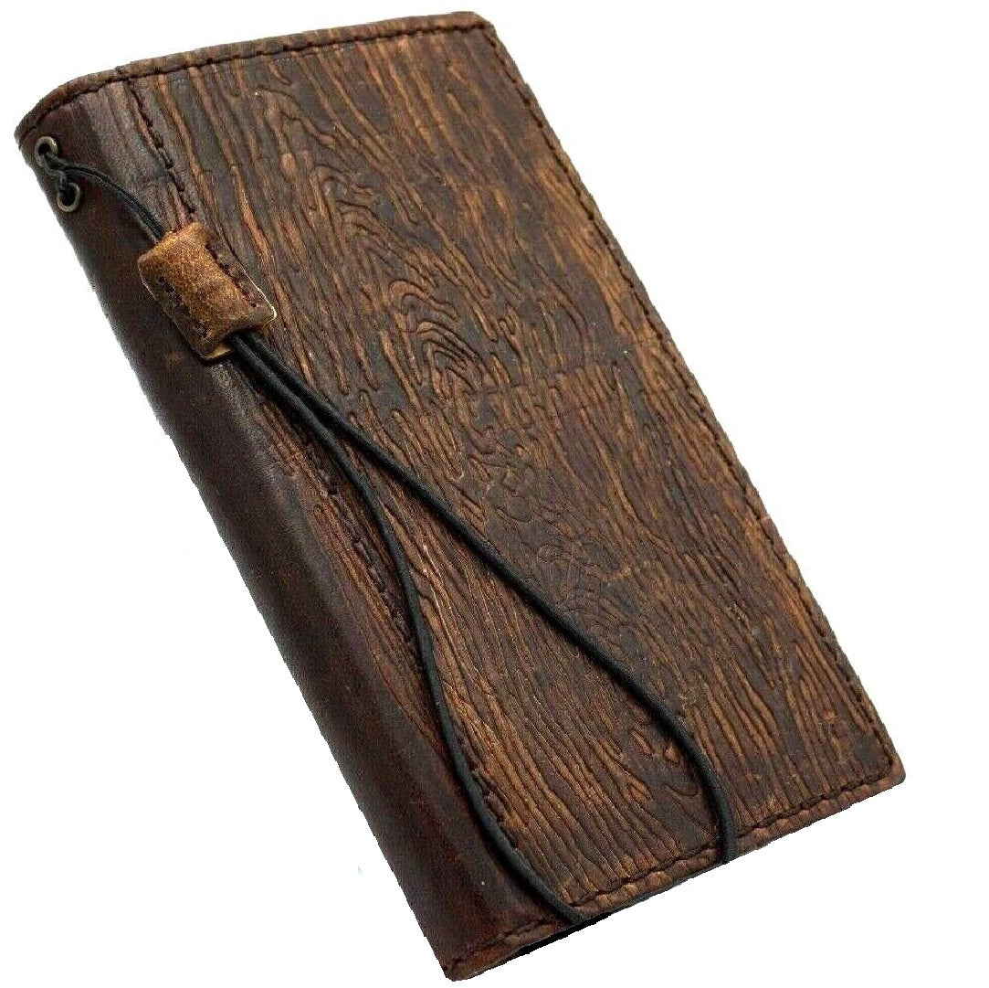 DavisCase genuine leather phone case for iPhone 11-15 Pro Max, handcrafted vintage style with credit card slots and wood accents.