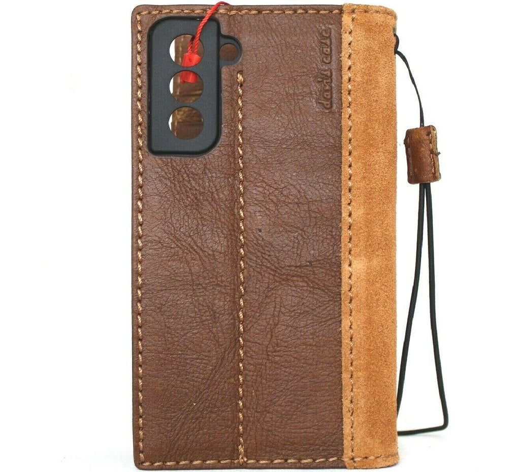 Samsung Galaxy S21 leather wallet case by DAVISCASE with card slots, ID window, suede finish, slim tan design, and wireless charging support